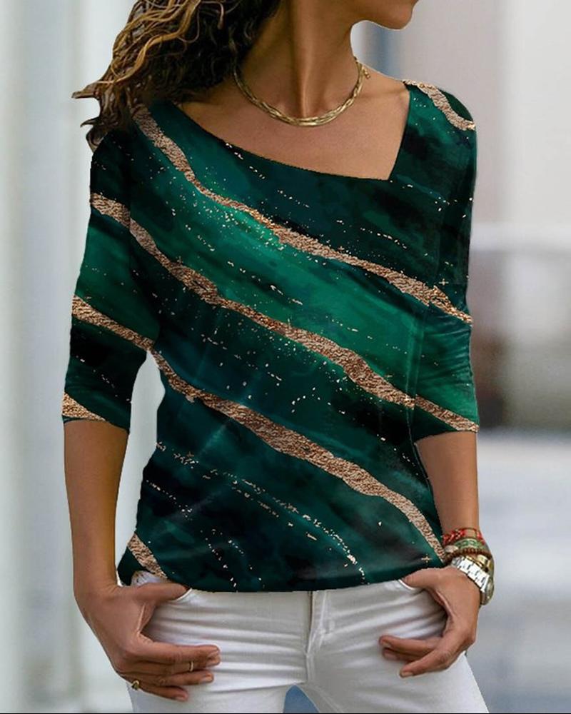 

Allover Print Asymmetrical Neck Long Sleeve Top, Green