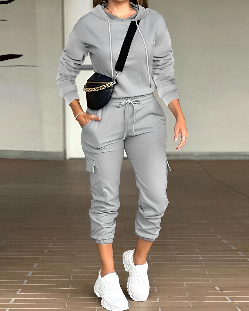 

Long Sleeve Hooded Top & Pocket Design Drawstring Pants Set, Gray