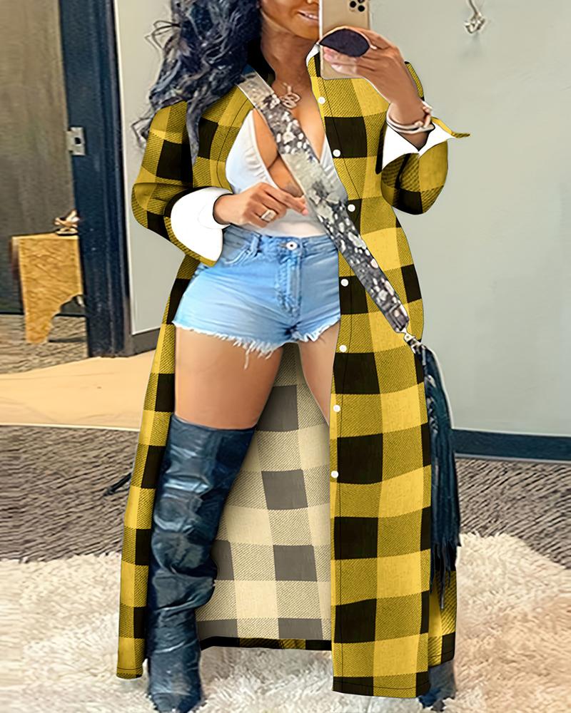 

Plus Size Plaid Print Buttoned Longline Coat, Yellow