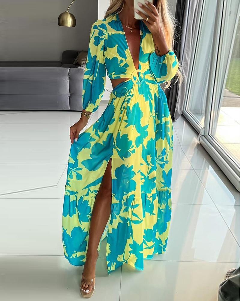 

High Slit Cutout Floral Print Maxi Dress, Yellow