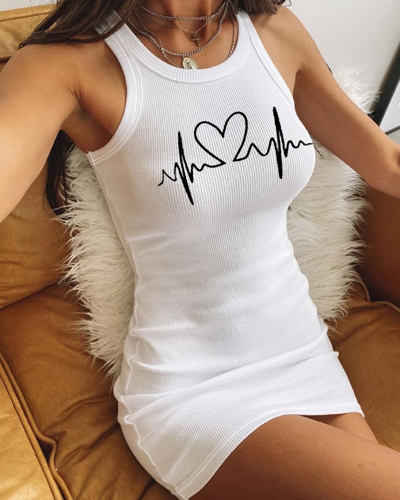 

Valentine's Day Heart Print Ribbed Casual Tank Dress, White