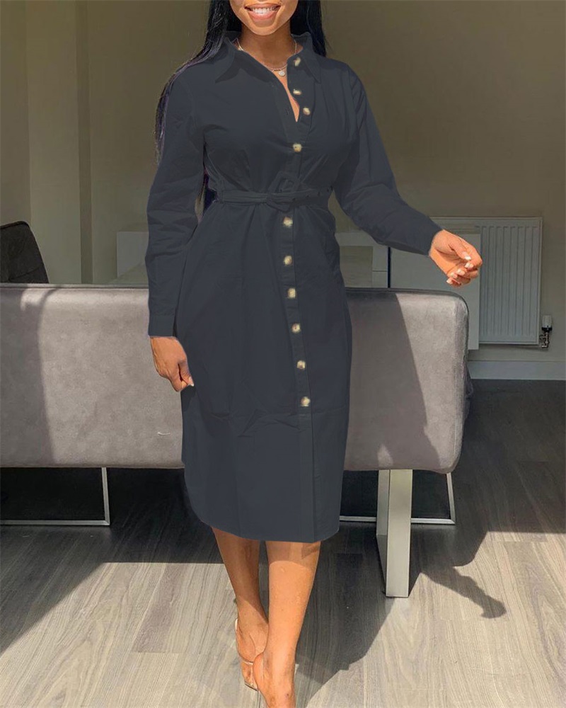 

Plus Size Long Sleeve Button Down Belted Shirt Dress, Black