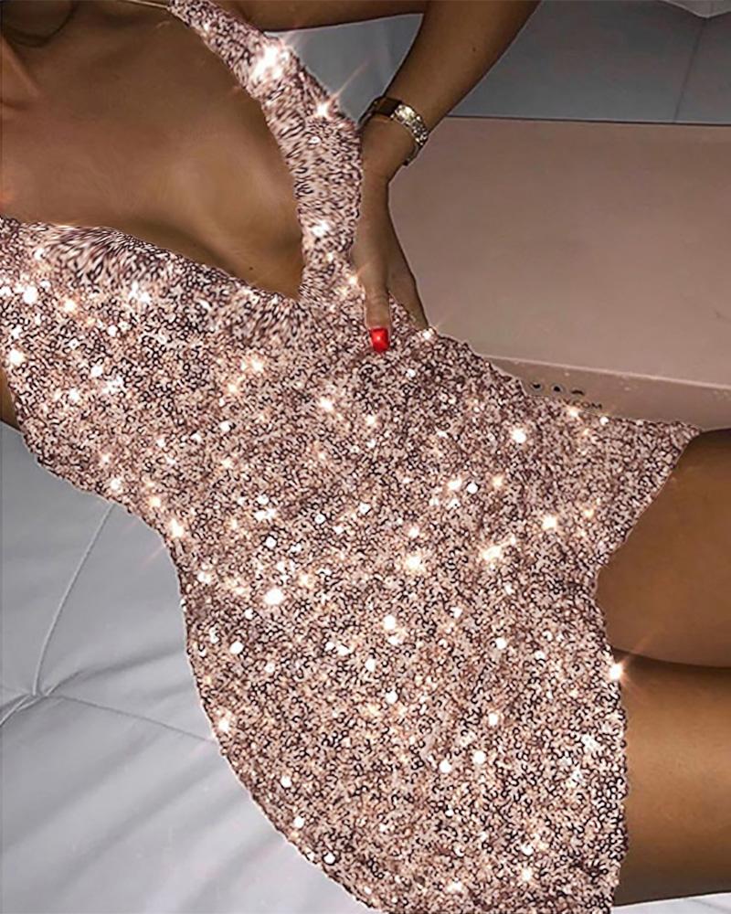 

Plunge Spaghetti Strap Asymmetrical Sequin Dress, Pink