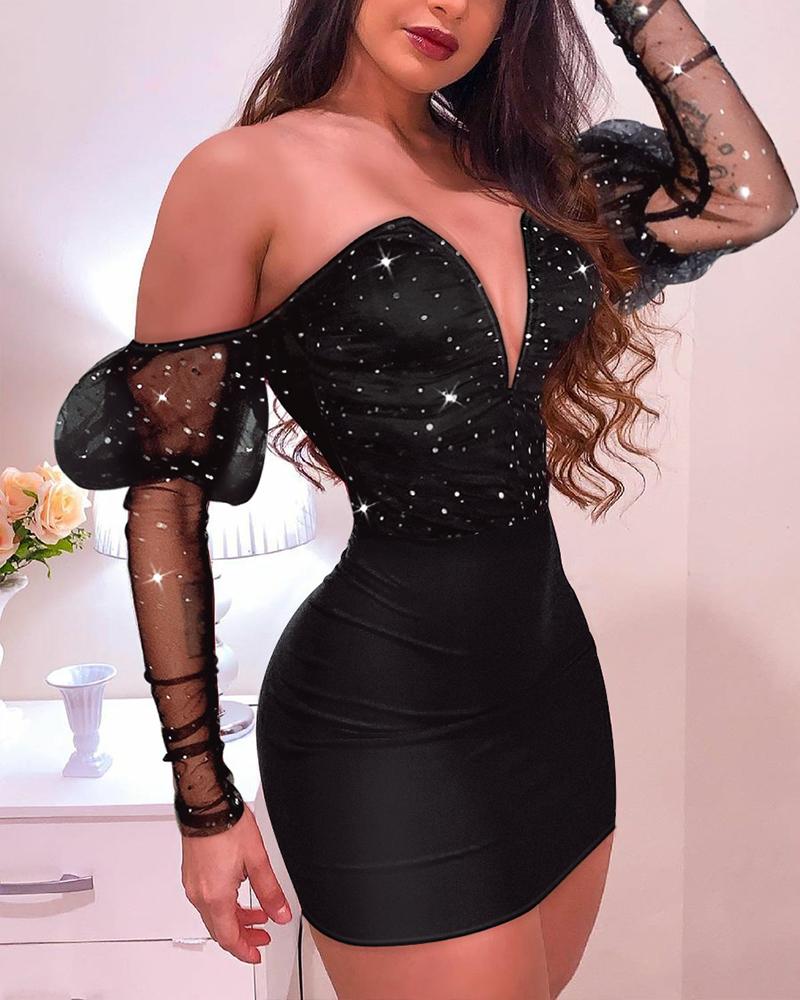 

Glitter V-Cut Contrast Mesh Gigot Sleeve Bodycon Dress Off Shoulder Mini Skinny Dress, Black