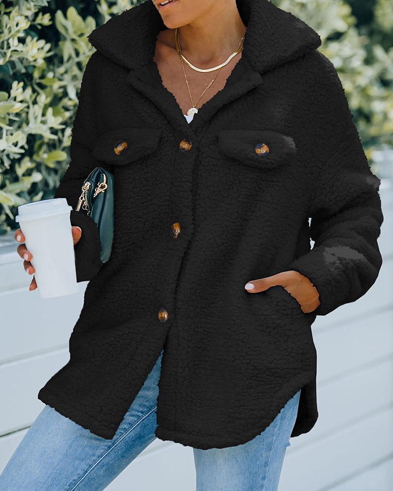 

Pocket Button Design Long Sleeve Fluffy Coat, Black