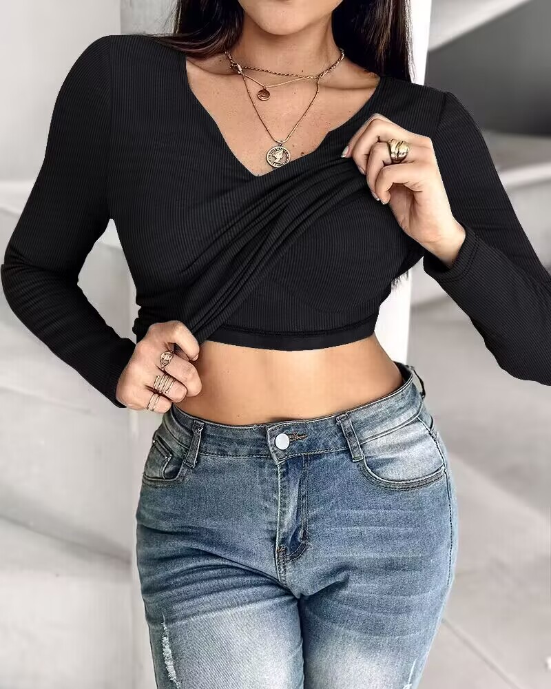 

Built-in Self Bra Long Sleeve V-neck Shirts Rib-Knit Ruched Details Top, Black