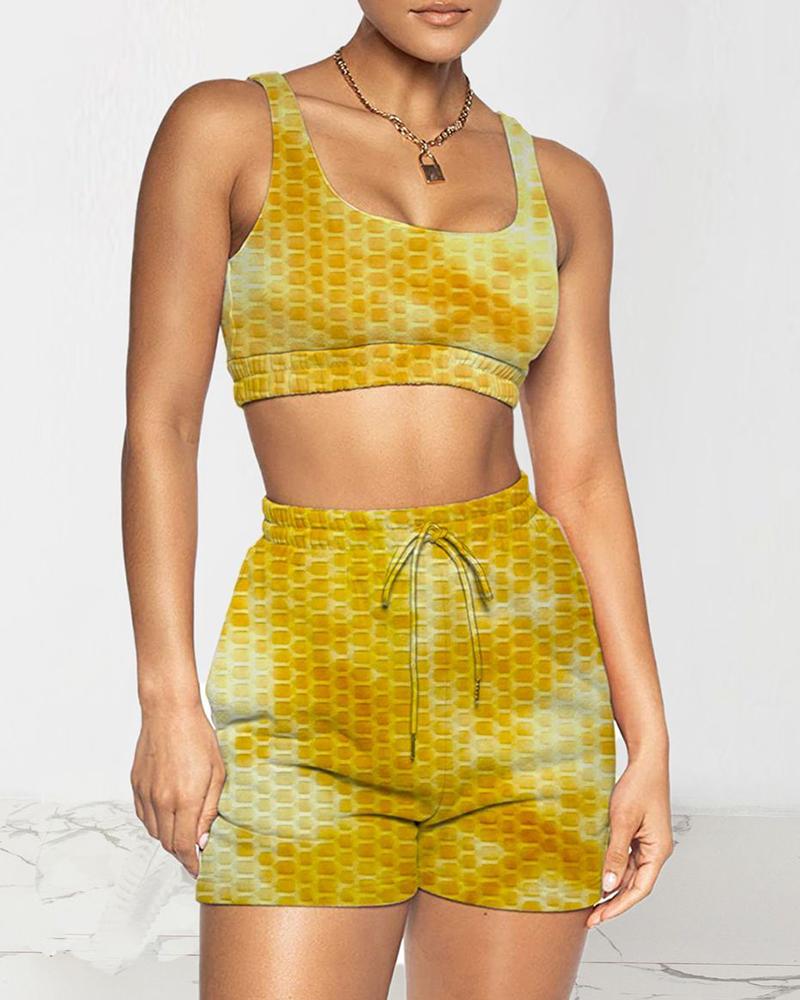 

Tie Dye Print Bubble Textured Drawstring Active Sets, Yellow