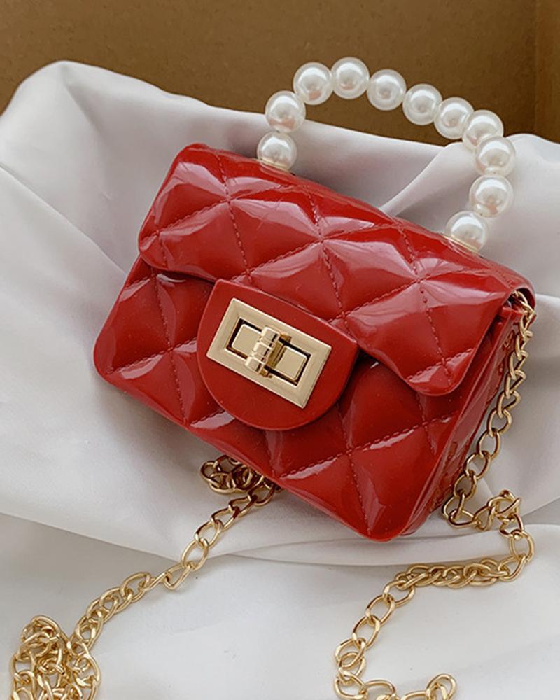 

Pastel Quilted Pearls Top Handle Chain Strap Mini Change Bag, Red