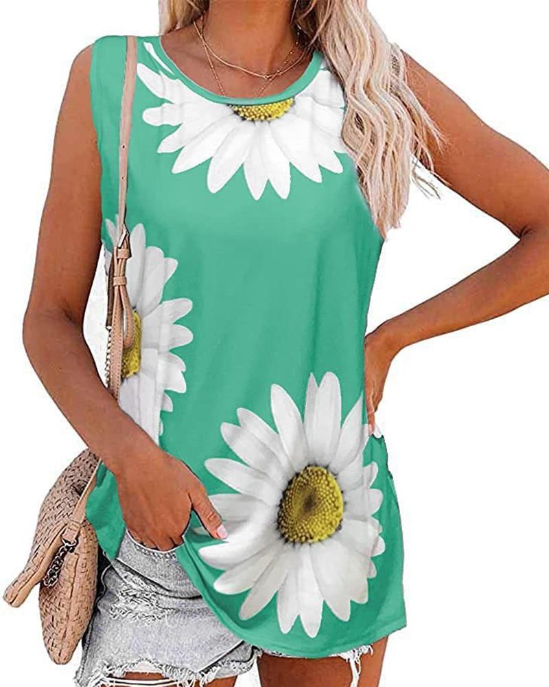 

Daisy Print Casual Tank Top, Green