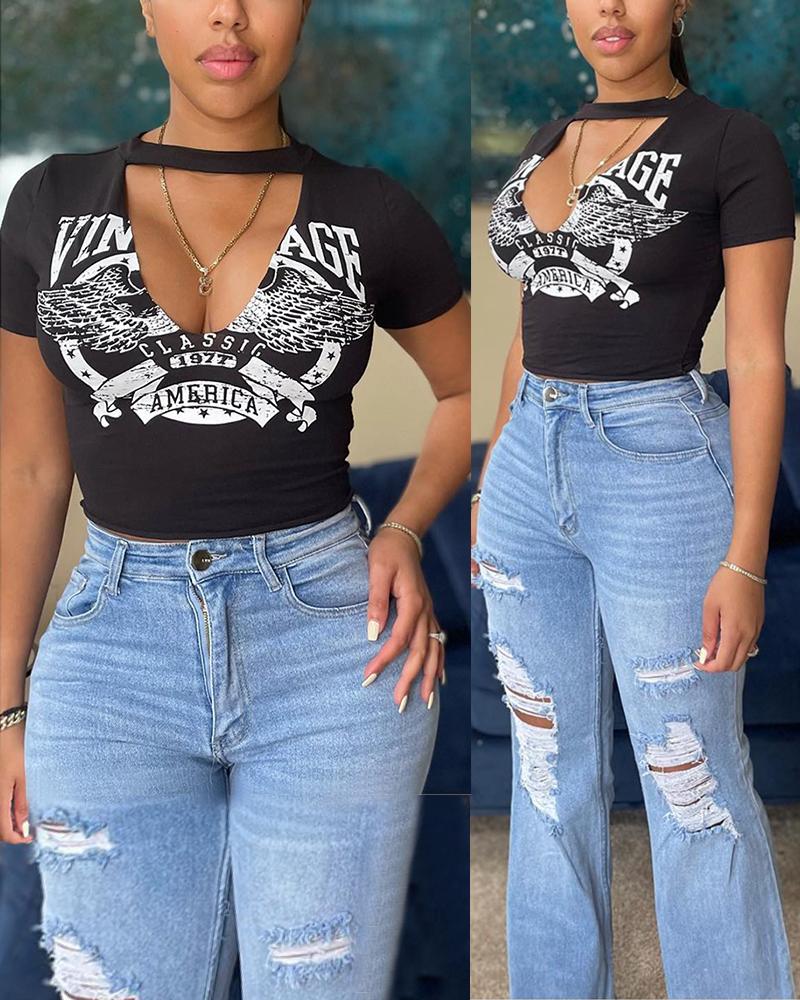 

Letter Eagle Print Crop Top, Black