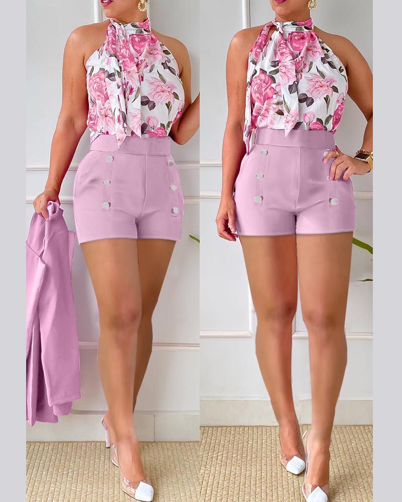 

Floral Print Top & High Waist Buttoned Shorts Set, Pink