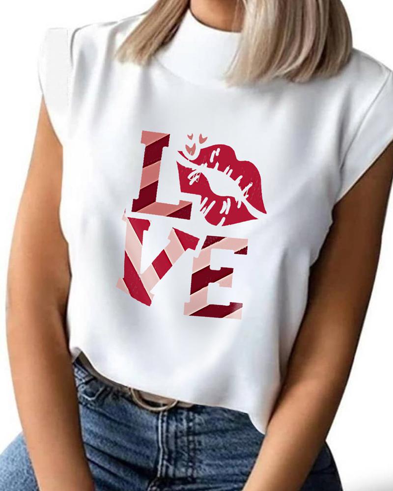 

Valentine' Day Love Lip Print Casual T-shirt, White