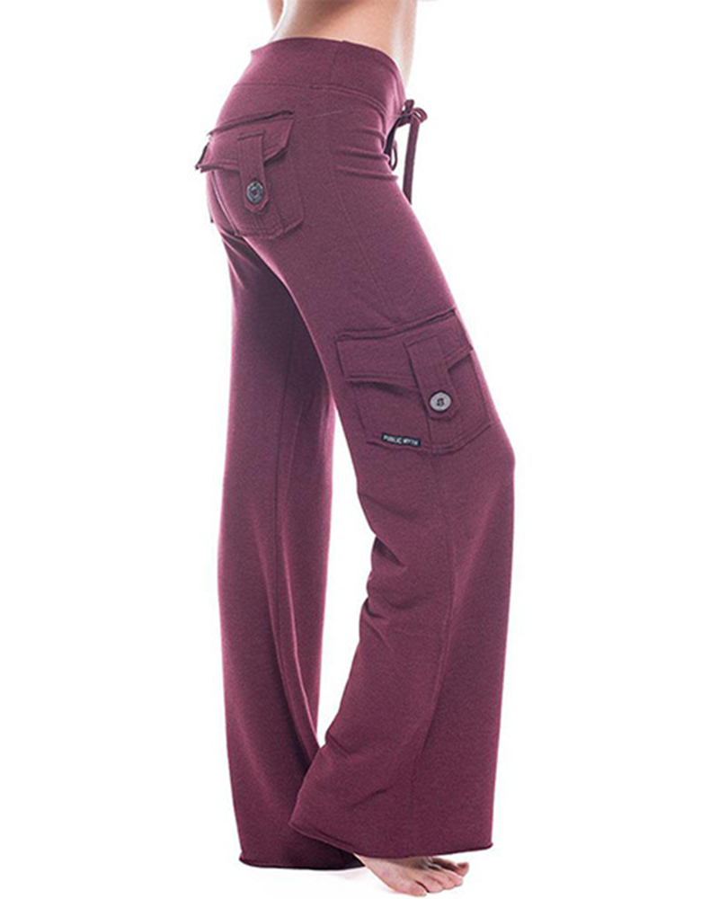 

Drawstring Wide Leg Pocket Design Pants, Purple