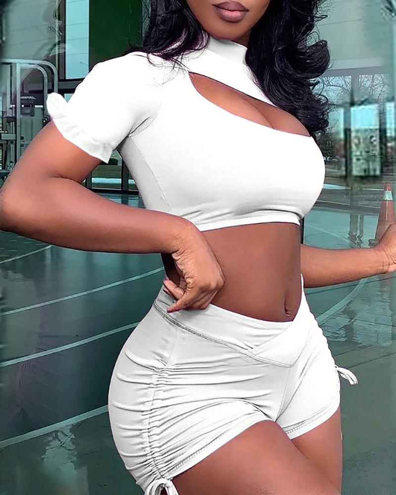 

Cutout Ruffles Crop Top & Ruched Drawstring Shorts Set, White