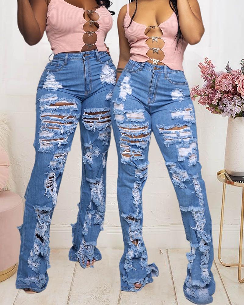 

Stretch Slant Pocket Ripped Flared Leg Skinny Jeans, Blue