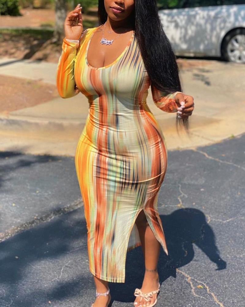 

Abstract Print Long Sleeve Split Dress, Yellow