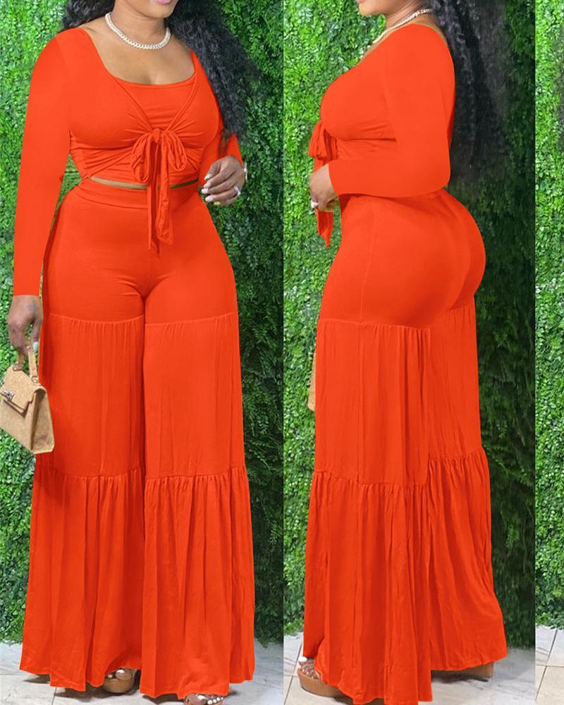 

Solid Knot Front Crop Top & Wide Leg Pants Set, Orange