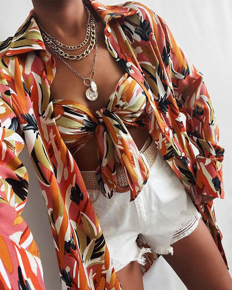 

Allover Print Tie Front Crop Cami Top & Button Down Shirt Set, Multicolor
