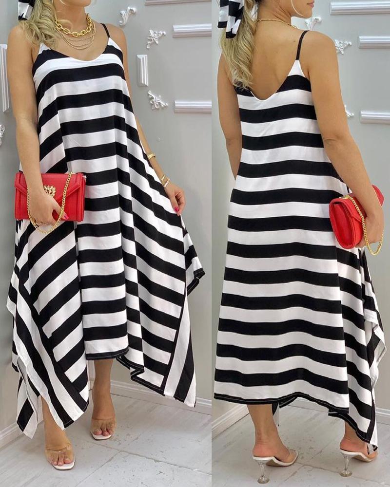

Spaghetti Strap Striped Colorblock Casual Dress, Black