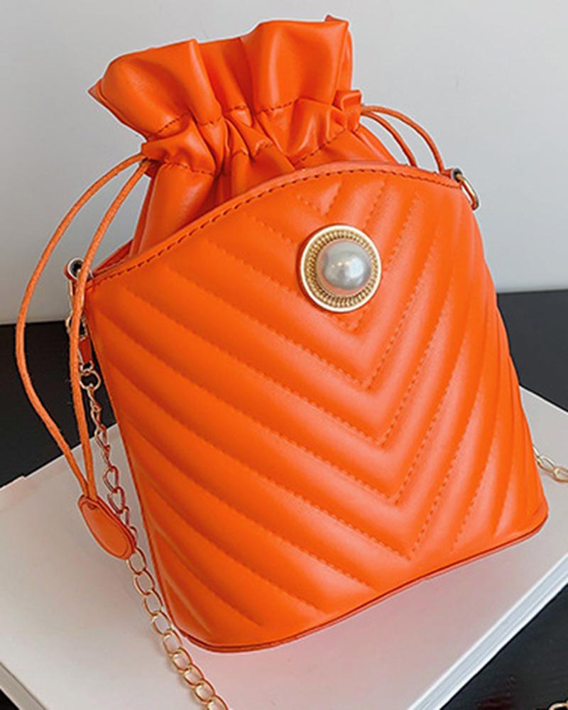 

Quilted Chevron Pearls Decor Drawstring Bucket Bag, Orange