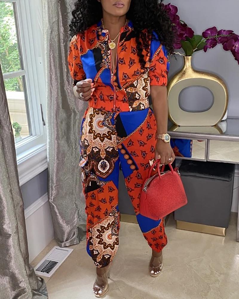

Graphic Print Colorblock Zipper Front Top & Cuffed Pants Set, Orange