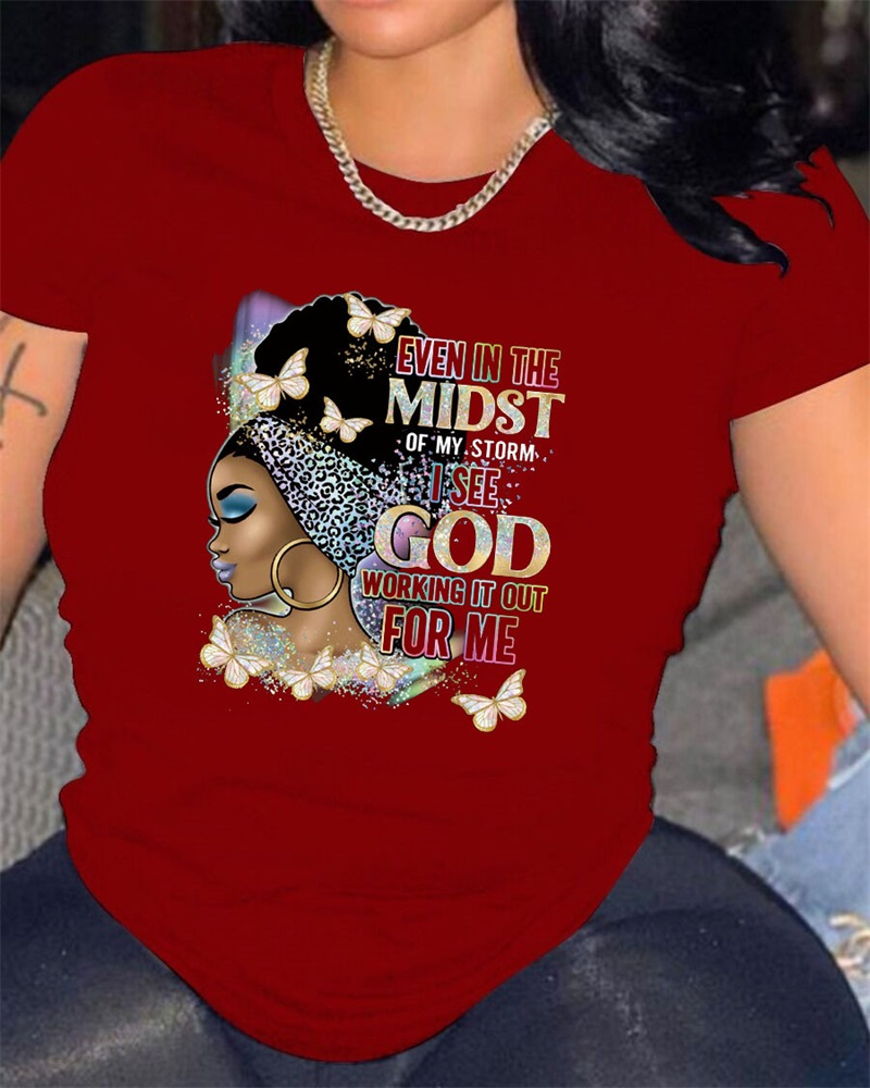 

Figure Letter Butterfly Print Casual T-shirt, Wine red