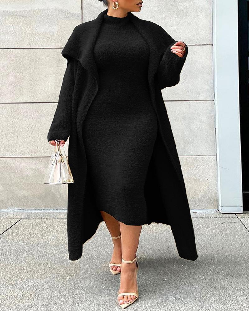 

Plus Size Fluffy Midi Dress With Longline Coat, Black