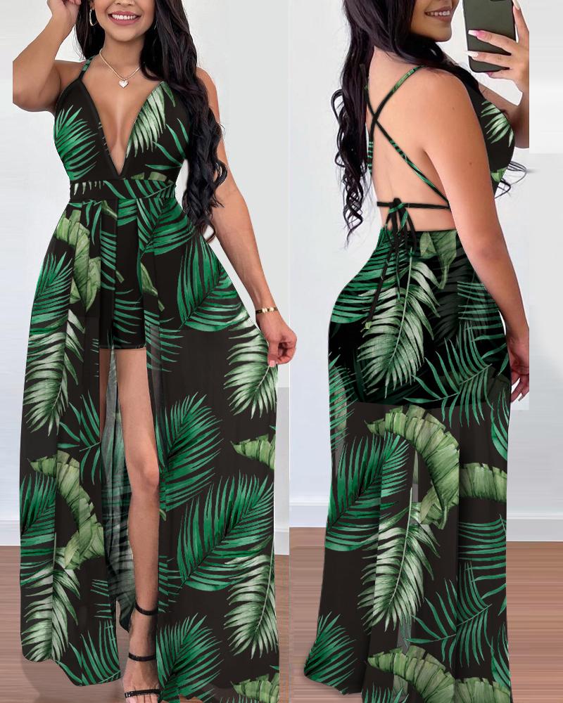 

Palm Leaf Print Crisscross Backless Plunge Skort Romper, Green