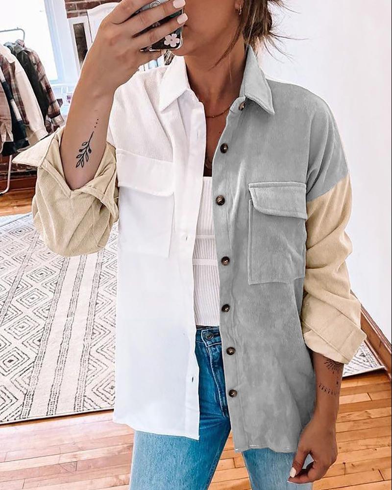 

Long Sleeve Colorblock Buttoned Pocket Design Shacket, White