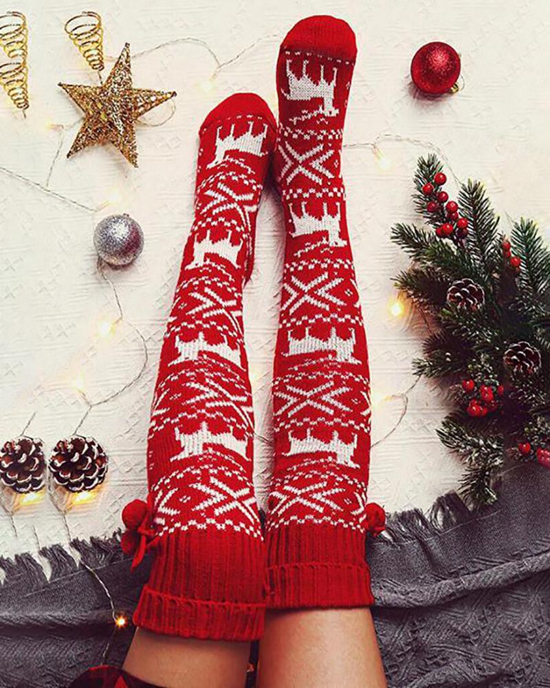 

1Pair Christmas Elk Snowflake Print Pom Pom Socks, Red