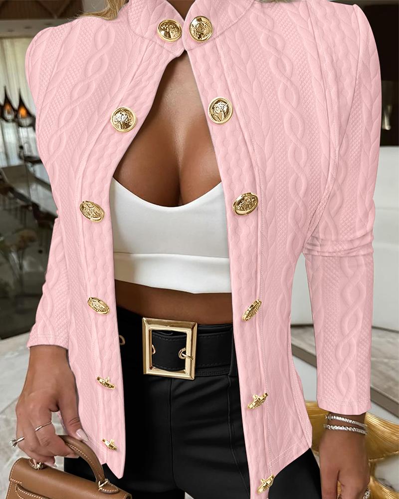 

Stand Collar Long Sleeve Cable Textured Coat Button Front Jacket, Pink