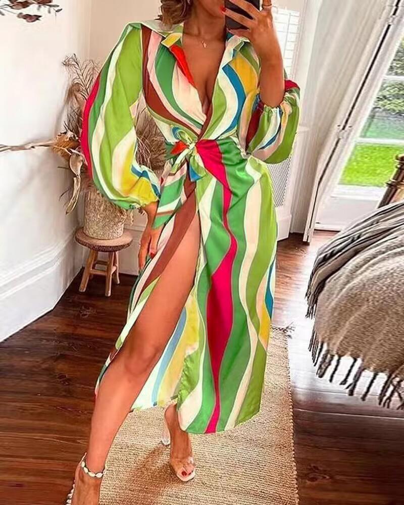 

Colorblock High Slit Lantern Sleeve Maxi Dress, Green