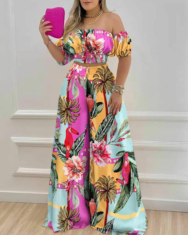 

Tropical Print Off Shoulder Crop Top & Wide Leg Pants Set, Multicolor