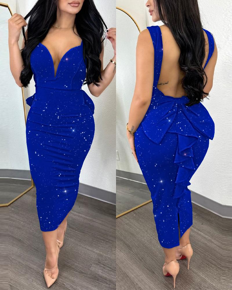 

Glitter Ruffle Hem Backless Party Dress, Blue