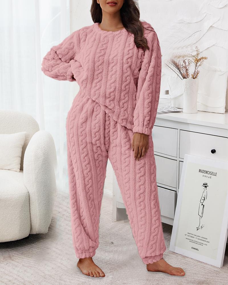 

Plus Size Cable Textured Fuzzy Pajamas Set, Pink