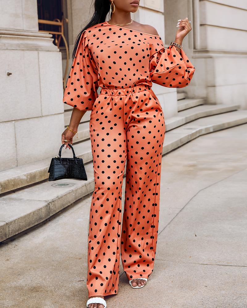 

Polka Dot Print Lantern Sleeve Top & Pants Set, Orange