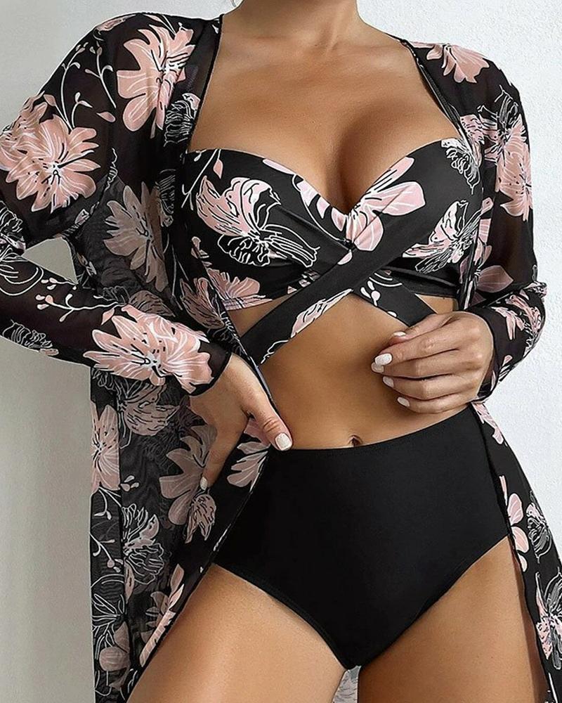 

3PCS Floral Print Crisscross High Waist Bikini Set With Cover Up, Black
