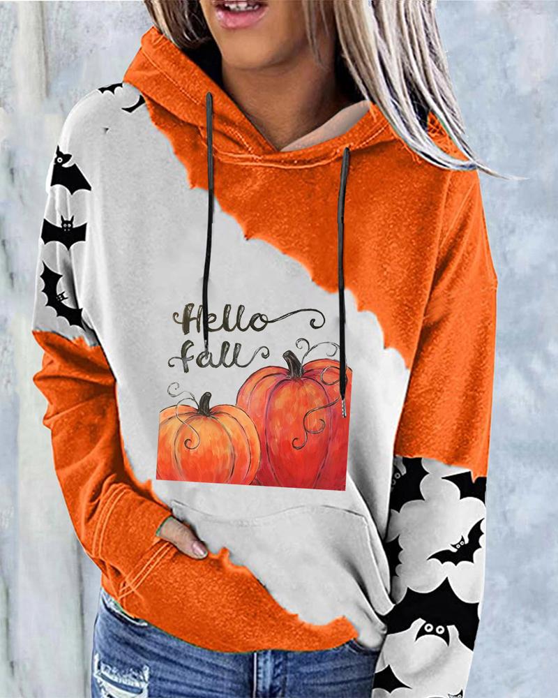 

Halloween Pumpkin Bat Print Long Sleeve Hoodie, White