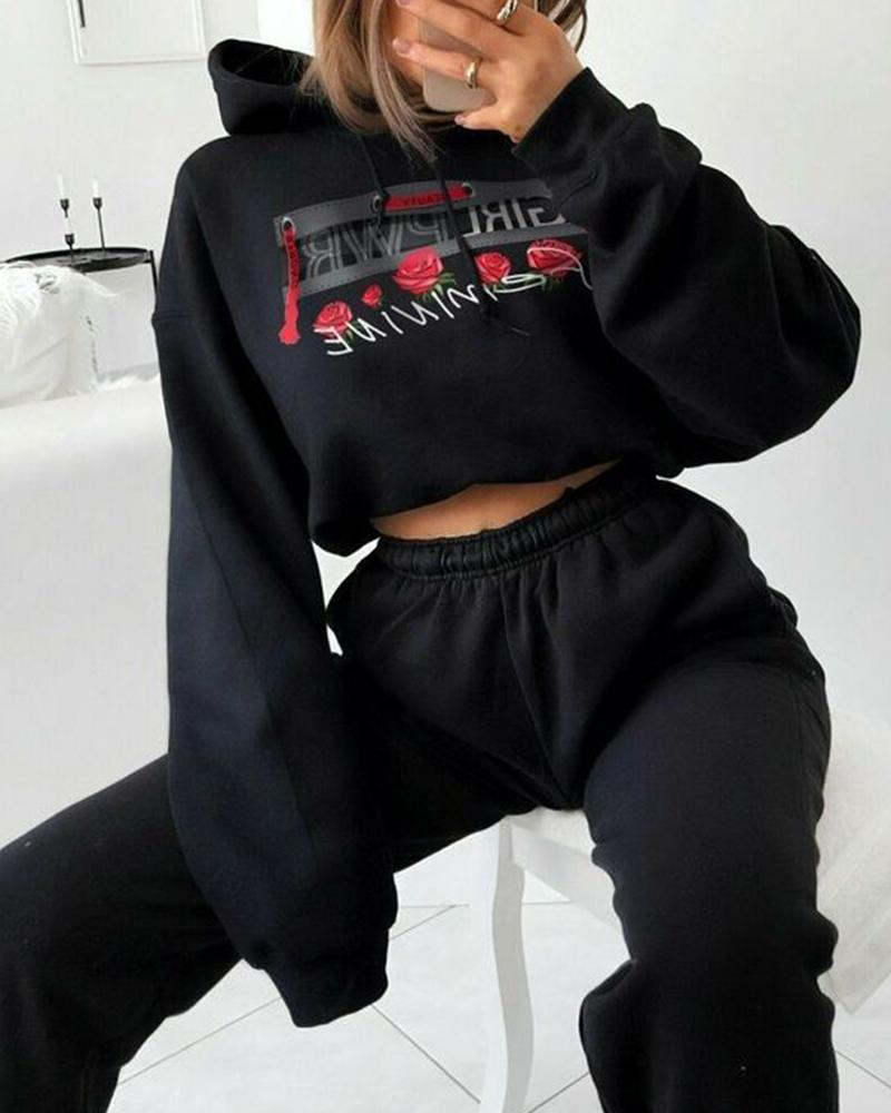 

Floral Letter Print Drawstring Hooded Crop Sweatshirt & Pants Set, Black