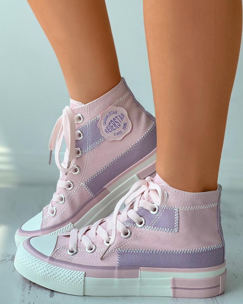 

Letter Pattern Colorblock Eyelet Lace-up Canvas Sneakers, Purple