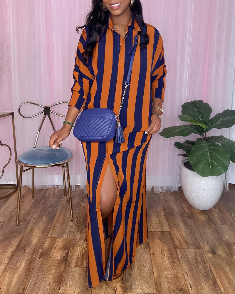 Striped Turn-down Collar Buttoned Slit Shirt Dress