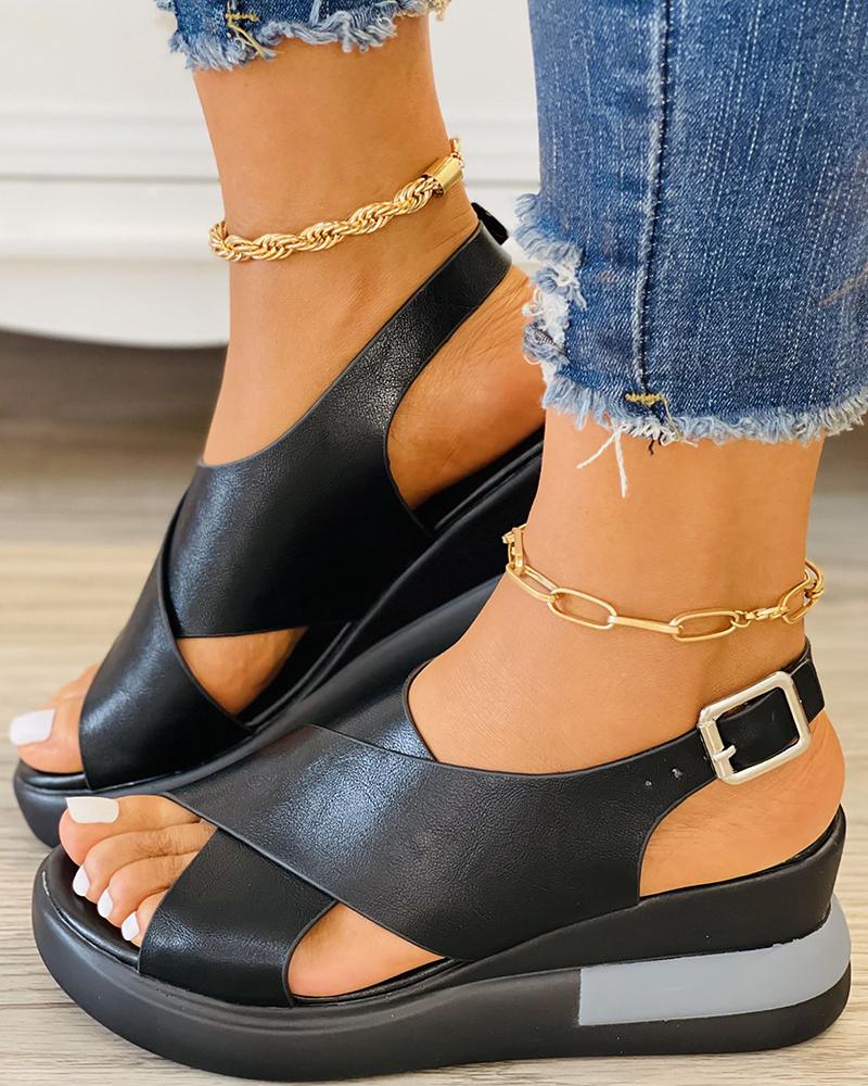 

Bandage Cutout Buckled Slingback Wedge Sandals, Black