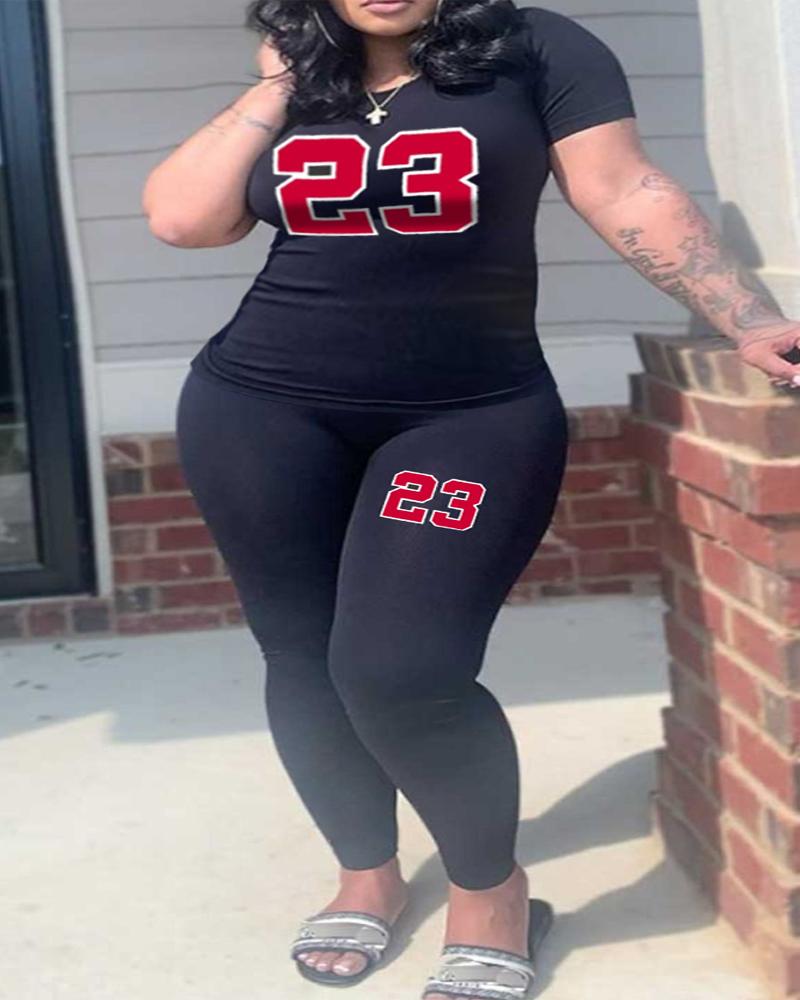 

Plus Size Letter Print Casual T-shirt & Pants Set, Black