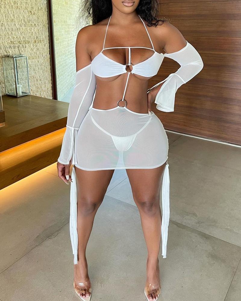 

O-Ring Cutout Halter Sheer Mesh Bodycon Dress, White