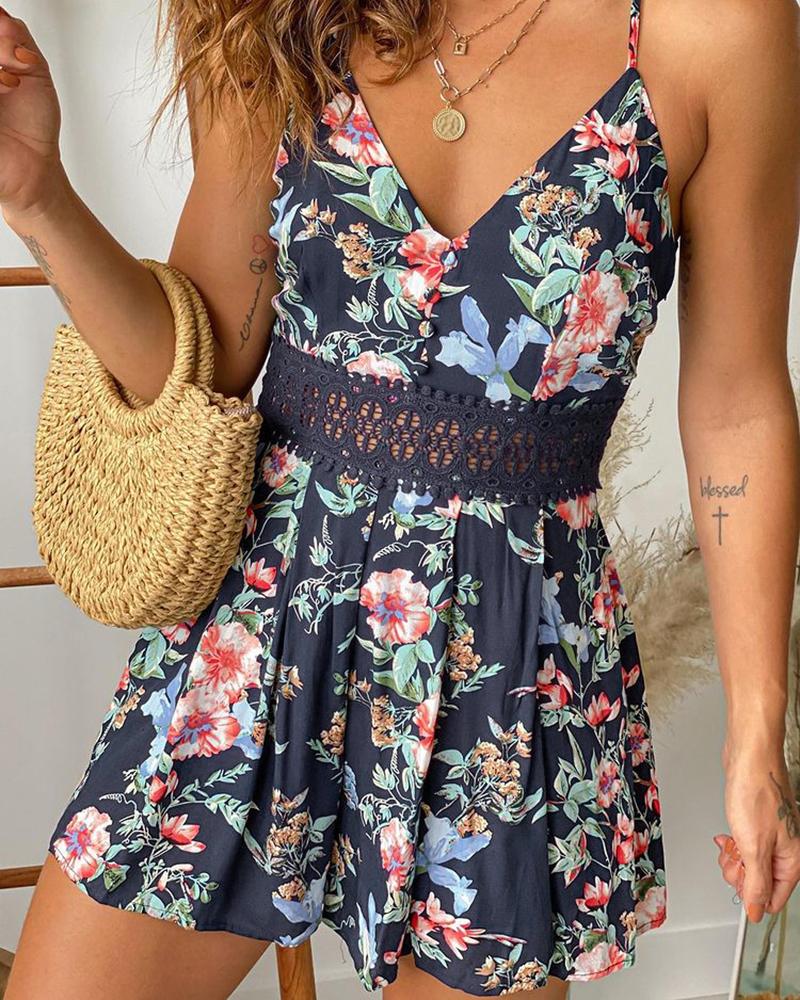 

Floral Print Lace Patch V-Neck Romper, Blue