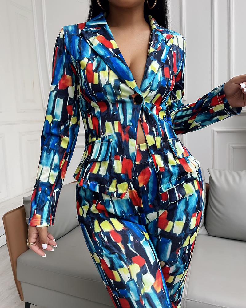 

Graphic Print Buttoned Blazer Coat & Pocket Design Pants Set, Multicolor