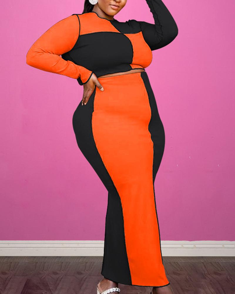

Plus Size Colorblock Long Sleeve Crop Top & Skirt Set, Orange