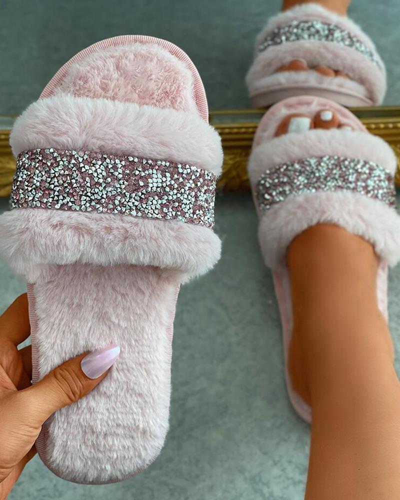 

Rhinestone Patch Peep Toe Fluffy Slippers, Pink