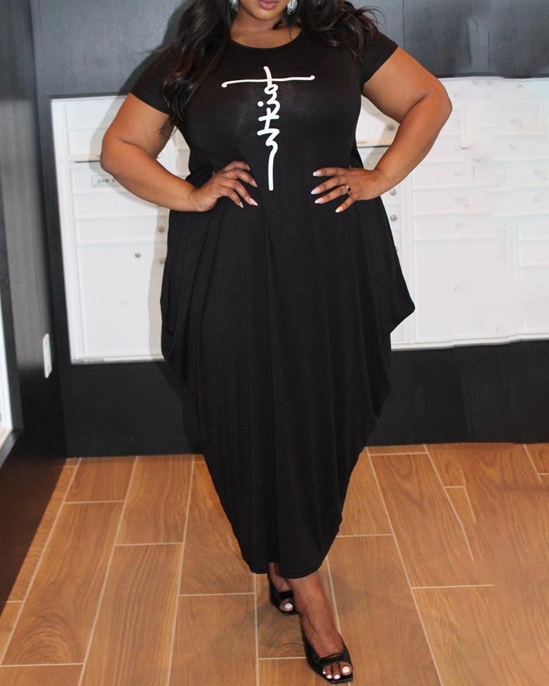 

Plus Size Letter Print Short Sleeve Casual Dress, Black