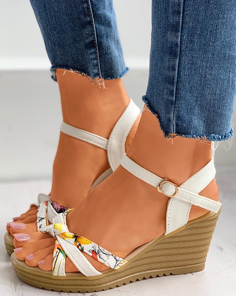 

Floral Print Twisted Slingback Wedge Platform Heel, White